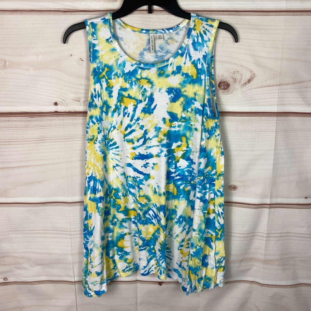 Live Well Lifestyle Top Womens M Blue Yellow Tie Dye Tank Sleeveless Swing Tunic